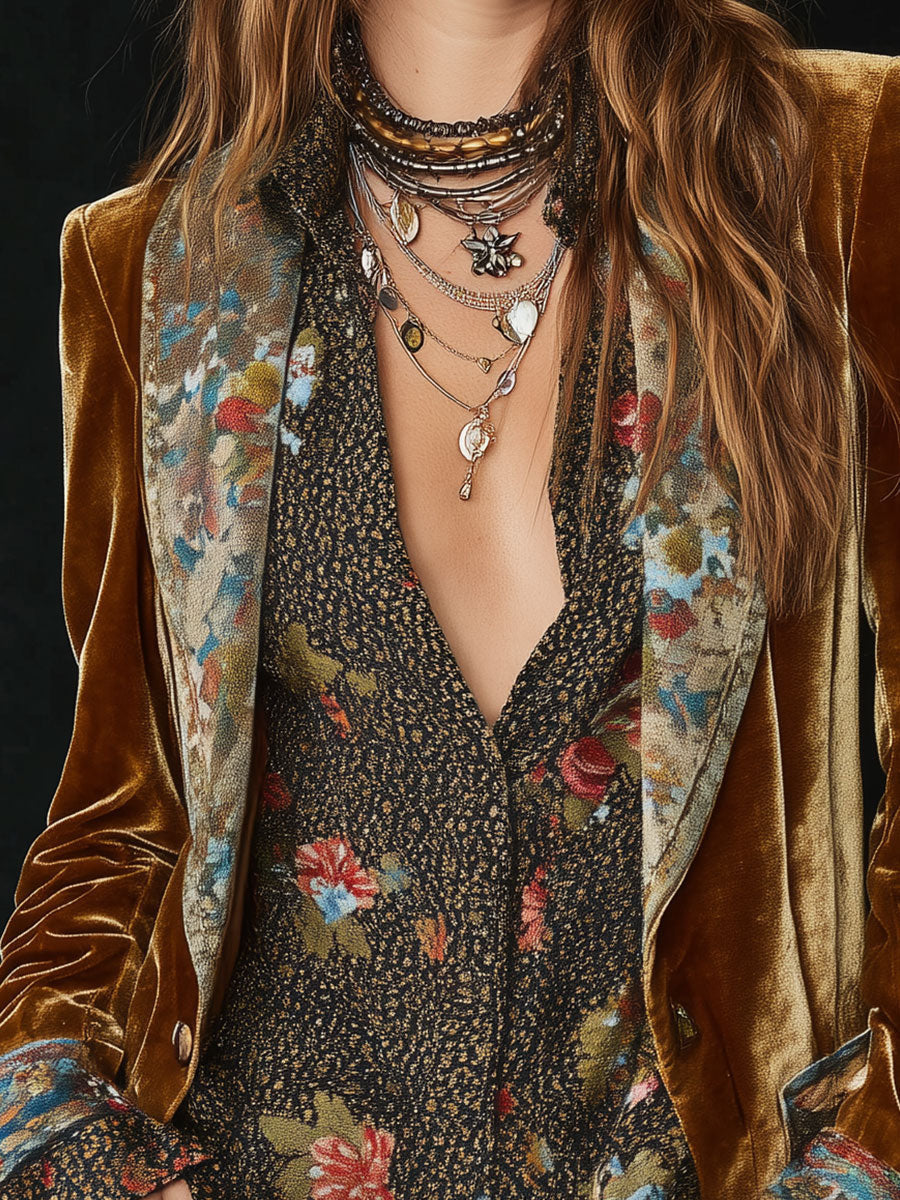 Blazer Vintage com Estampado Floral Patchwork para Mulher