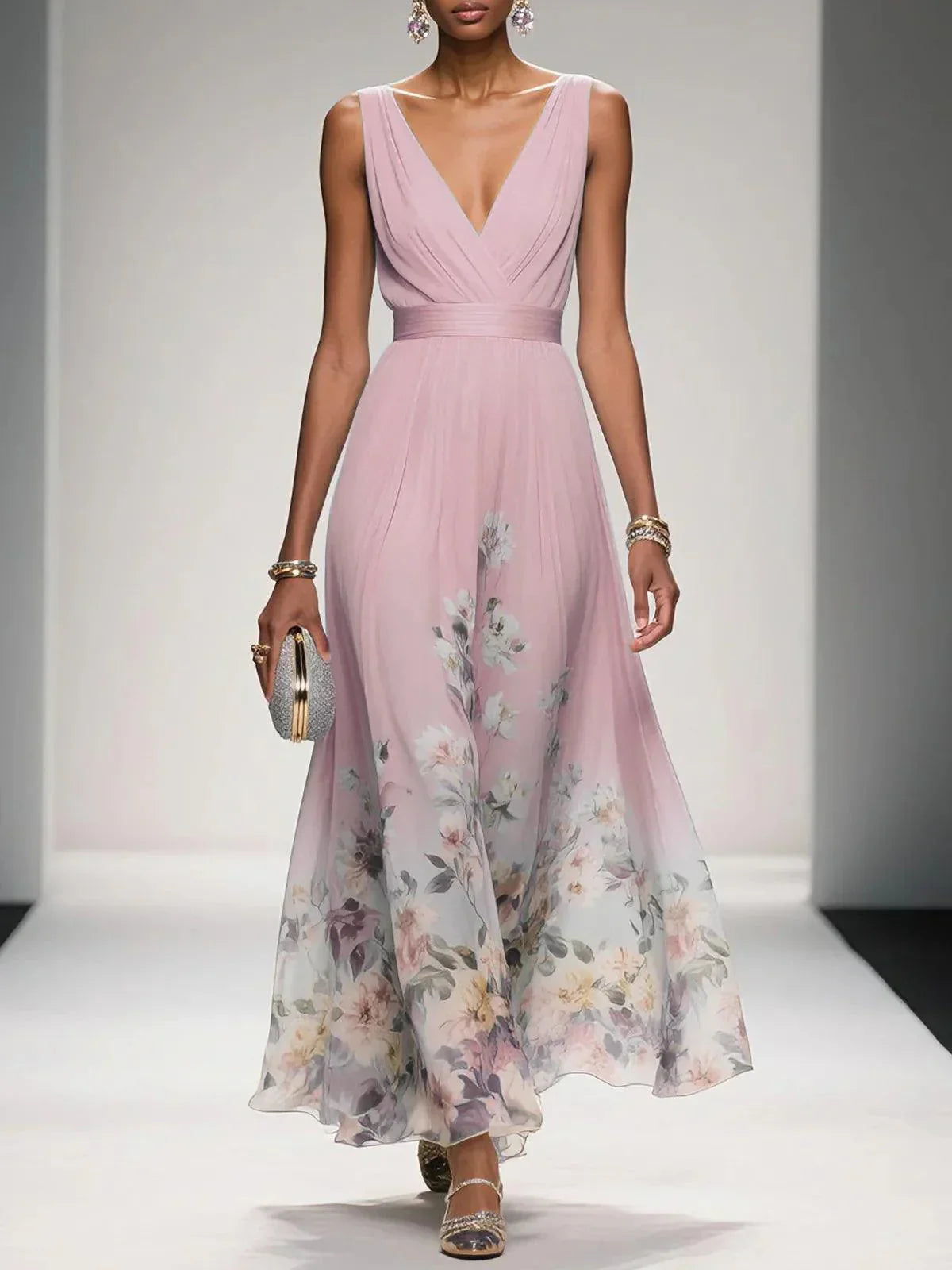 Rose | Hellblaues geblümtes Chiffon-Maxikleid mit V-Ausschnitt