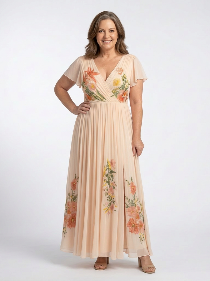 Calista | V-Ausschnitt Kurzarm plissiertes geblümtes Maxikleid