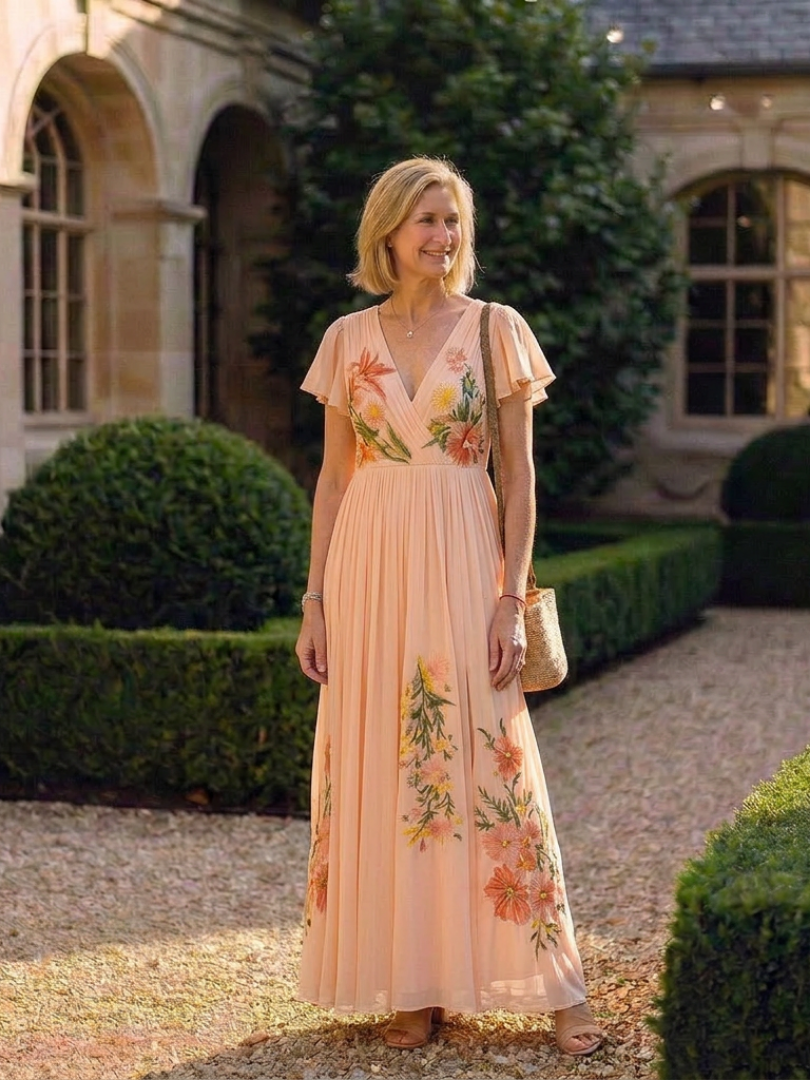 Calista | V-Ausschnitt Kurzarm plissiertes geblümtes Maxikleid