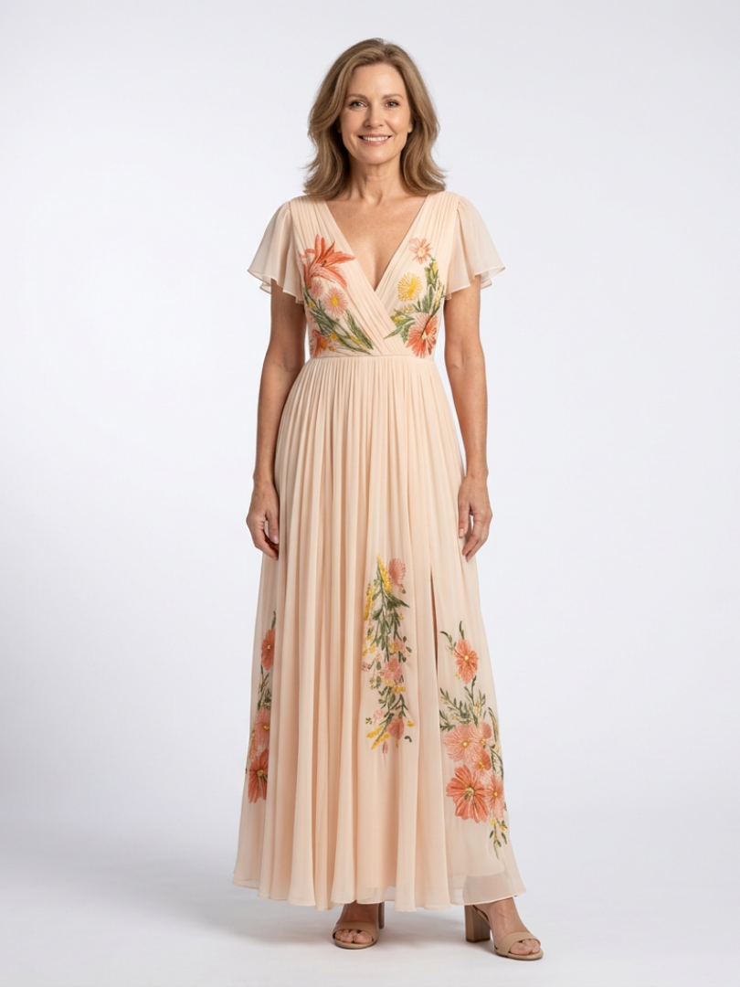 Calista | V-Ausschnitt Kurzarm plissiertes geblümtes Maxikleid