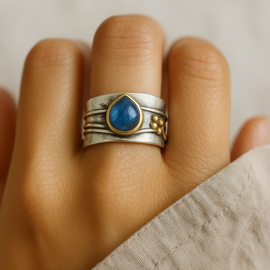 Anel vintage com safira azul, banhado a prata