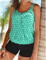 Strickwaren | Tankini mit Tupfen, der den Bauch bedeckt, mit Badeshorts
