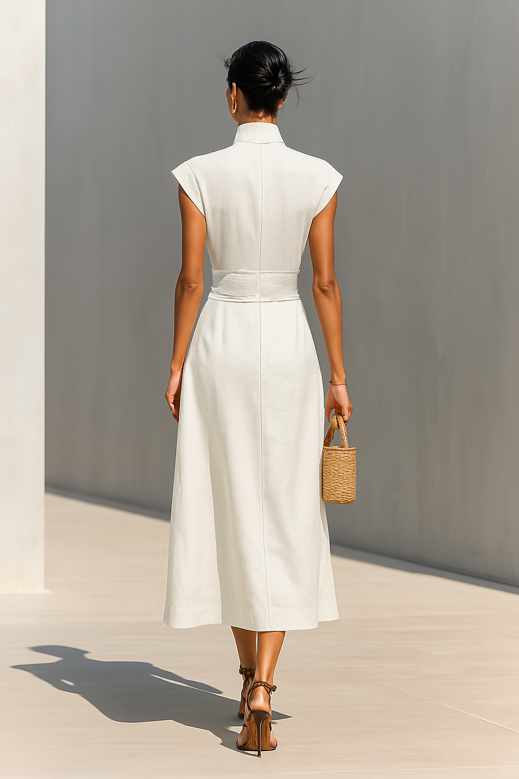 Damen Reine Baumwolle Revers Ärmel Taille Maxi Kleid