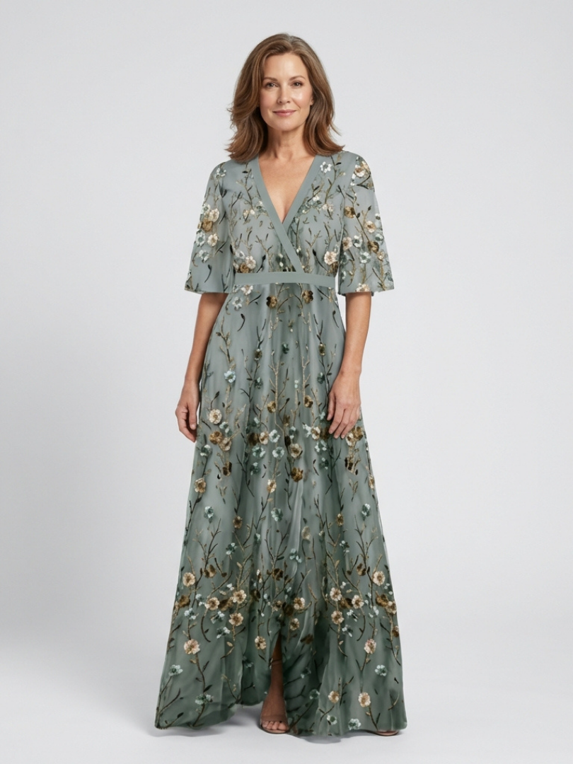 EVADNE™ | Floral V-Ausschnitt Kurzärmeliges Maxikleid