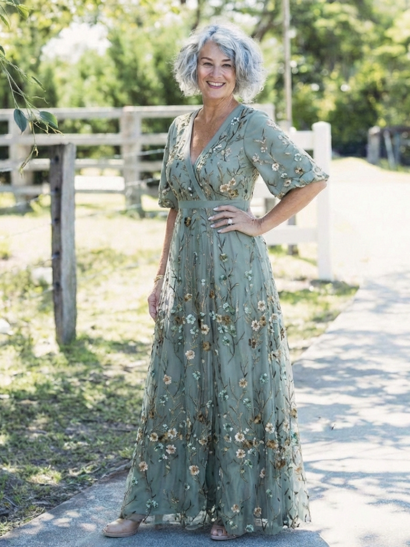 EVADNE™ | Floral V-Ausschnitt Kurzärmeliges Maxikleid