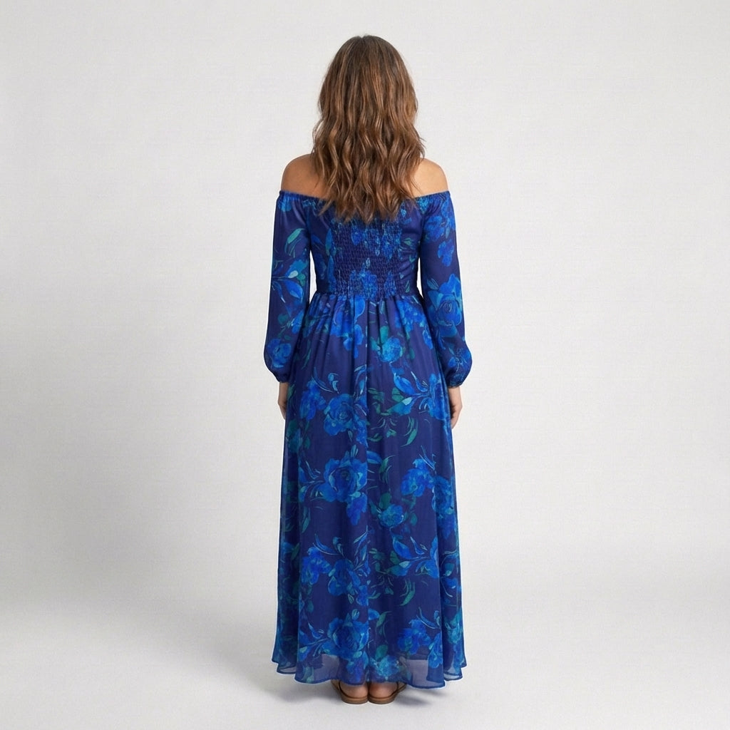 Aspen | Schulterfreies Maxikleid mit Blumenmuster