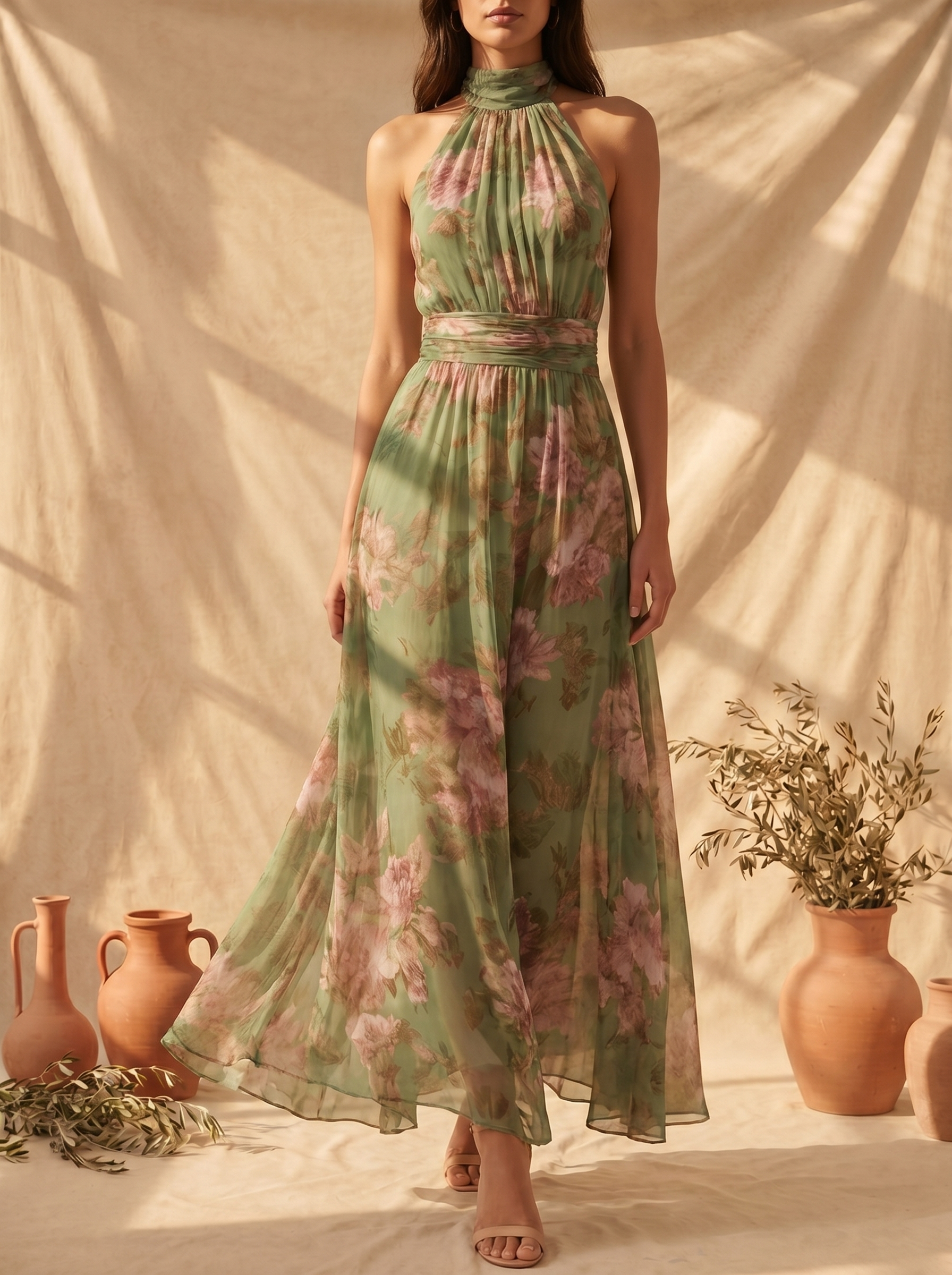Livia | Vestido maxi elegante com decote halter e padrão floral