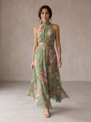 Livia | Vestido maxi elegante com decote halter e padrão floral