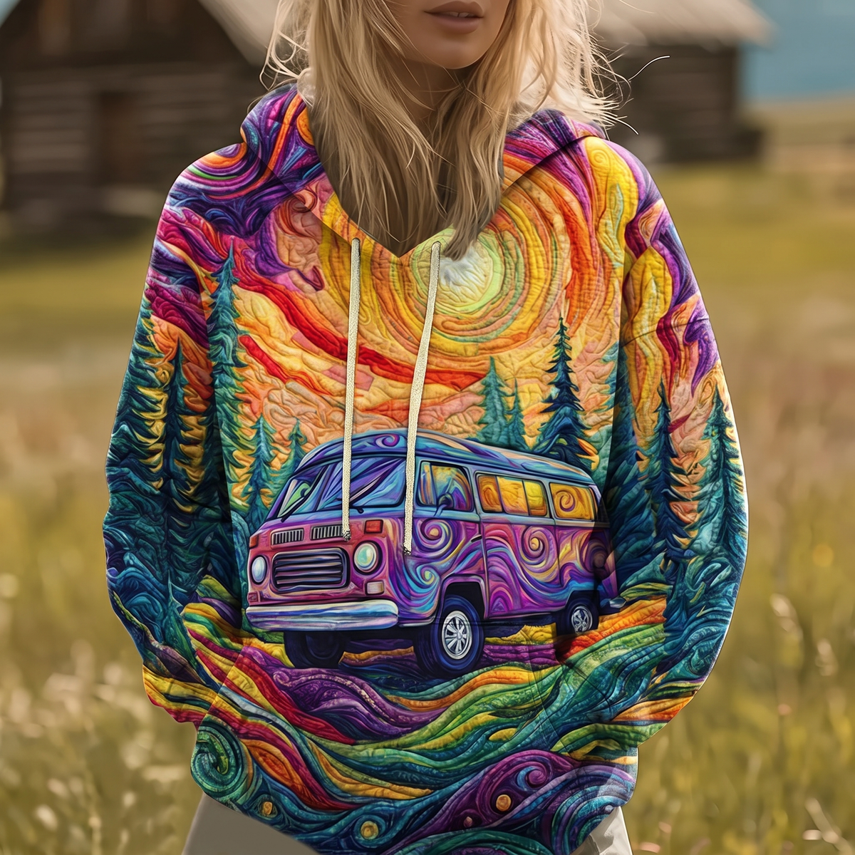 Vaneska | Sweatshirt Y2K com Capuz e Estampado Raios de Sol