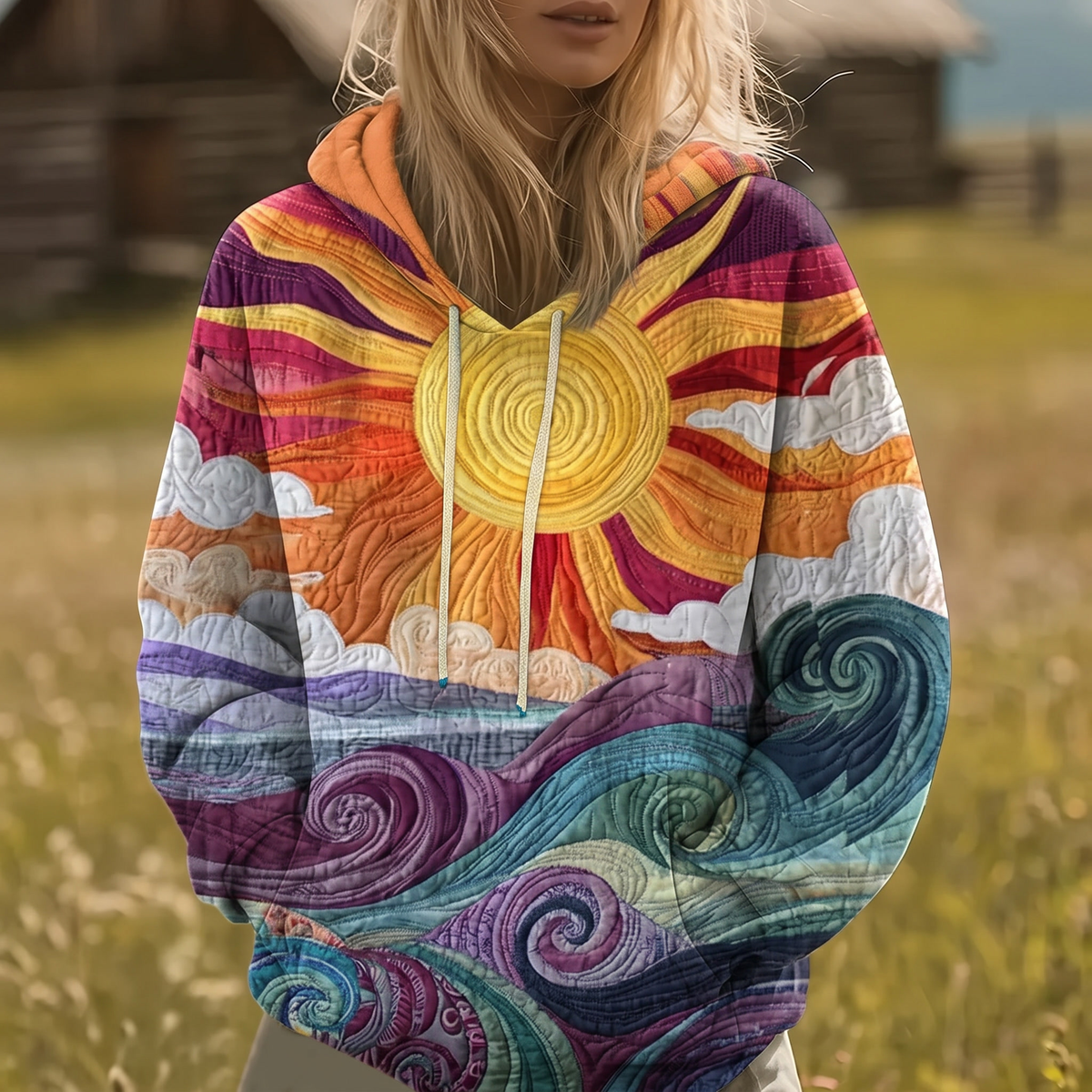 Auralei | Sweatshirt Y2K com Capuz e Estampado Raios de Sol