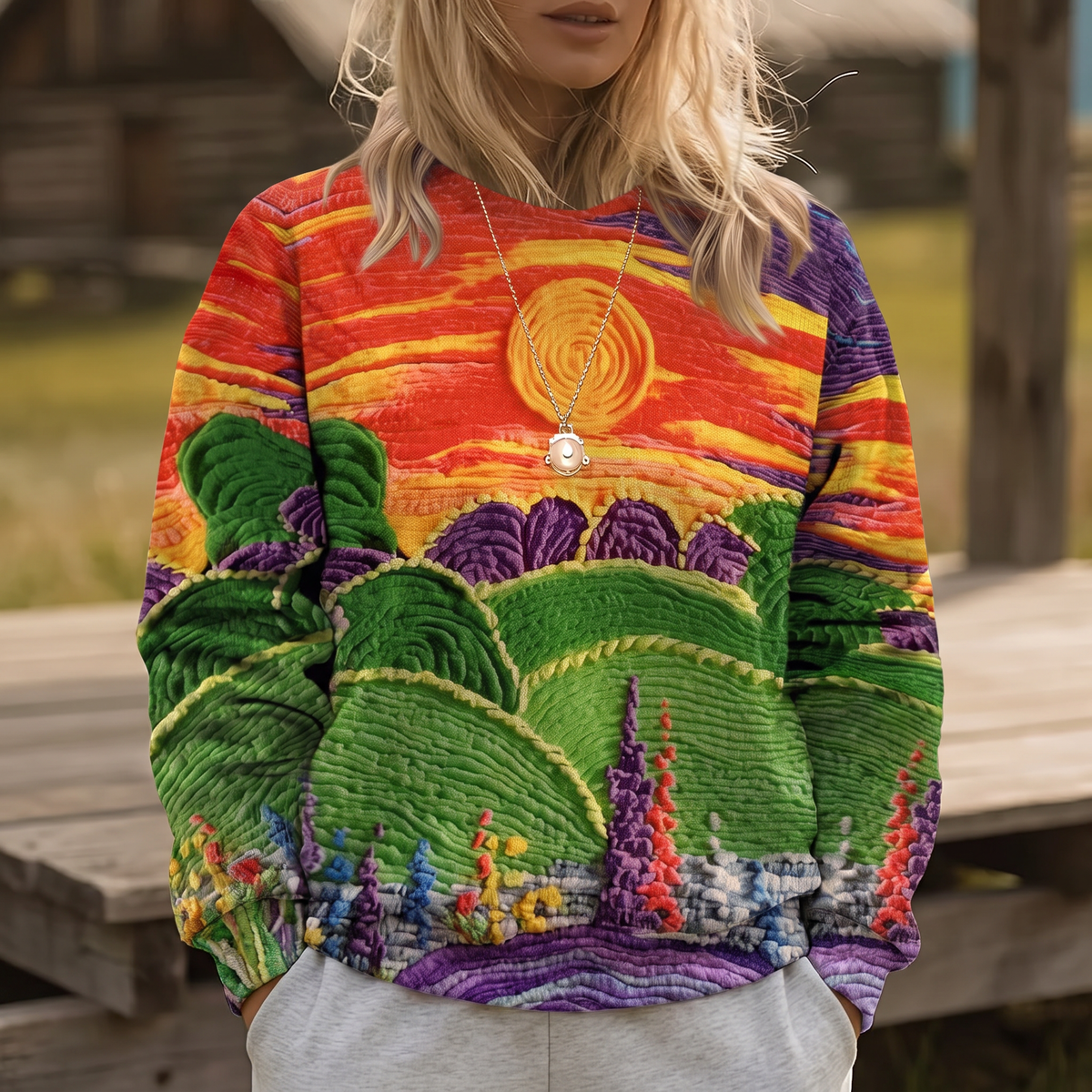 Ravella | Camisola de Corte Descontraído com Paisagem em Raios de Sol