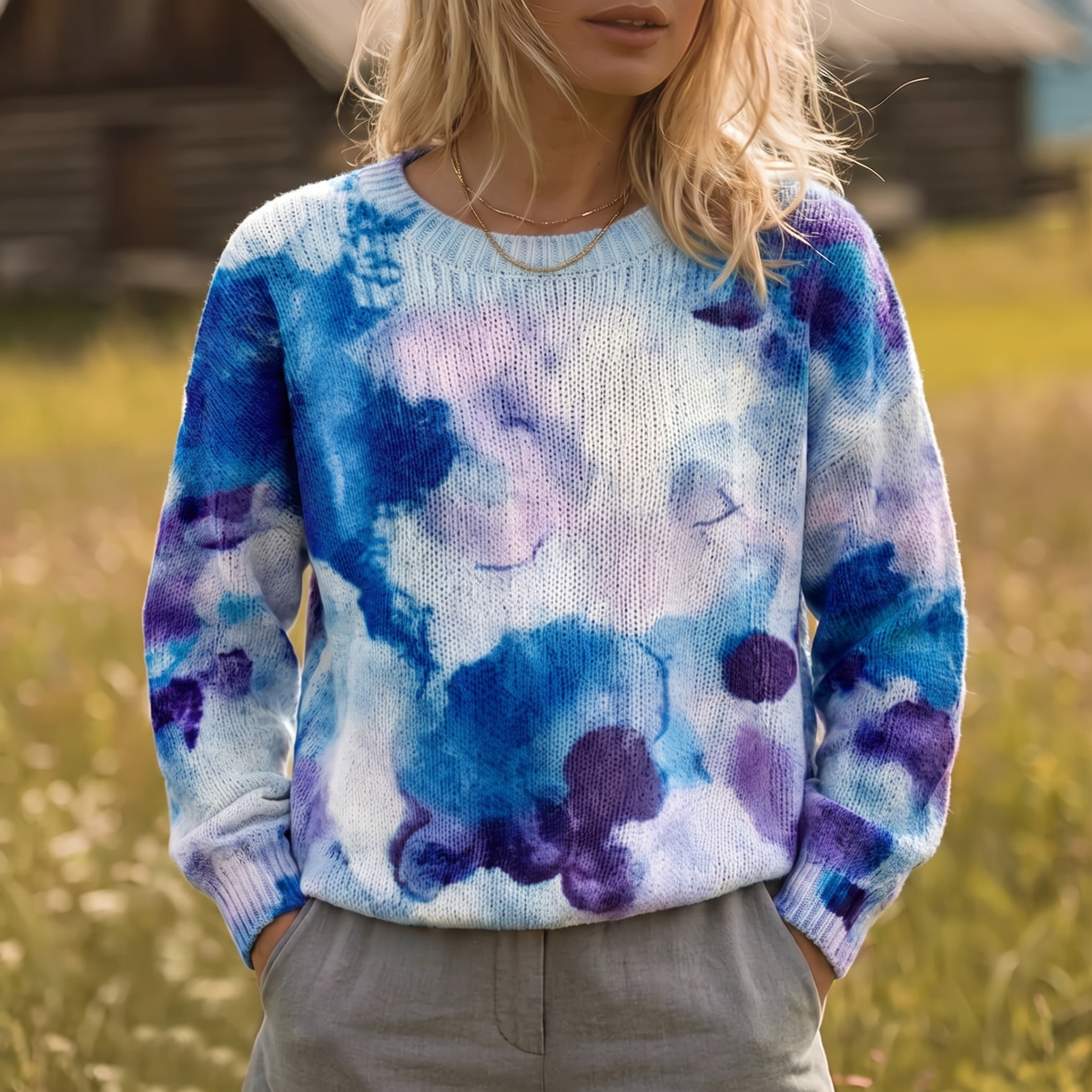 Cerulyn | Camisola de Malha Azul com Flores Tie-Dye
