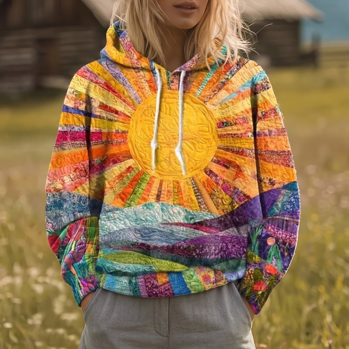 Ryleth | Sweatshirt Y2K com Capuz e Estampado Raios de Sol
