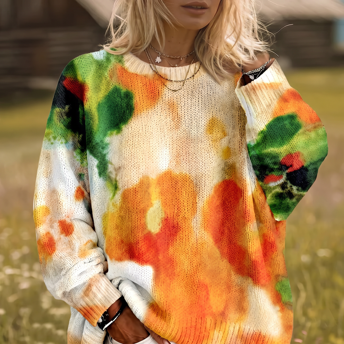 Amberlei | Camisola Laranja de Gola Redonda com Flores Tie-Dye