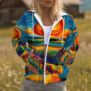 Halcyra | Sweatshirt com Capuz, Fecho Integral e Estampado Raios de Sol