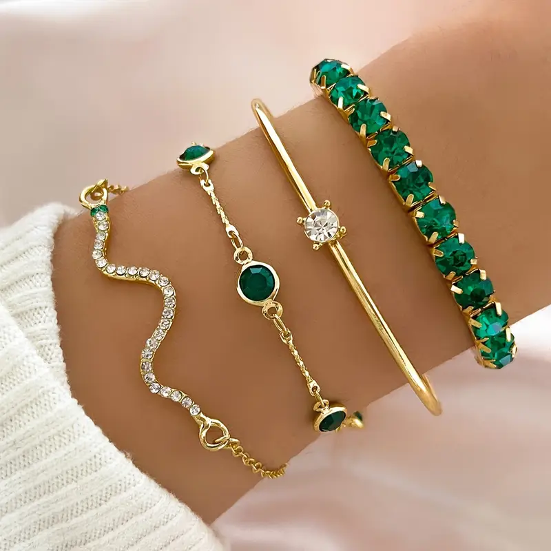 Conjunto de pulseiras vintage com zircónia verde