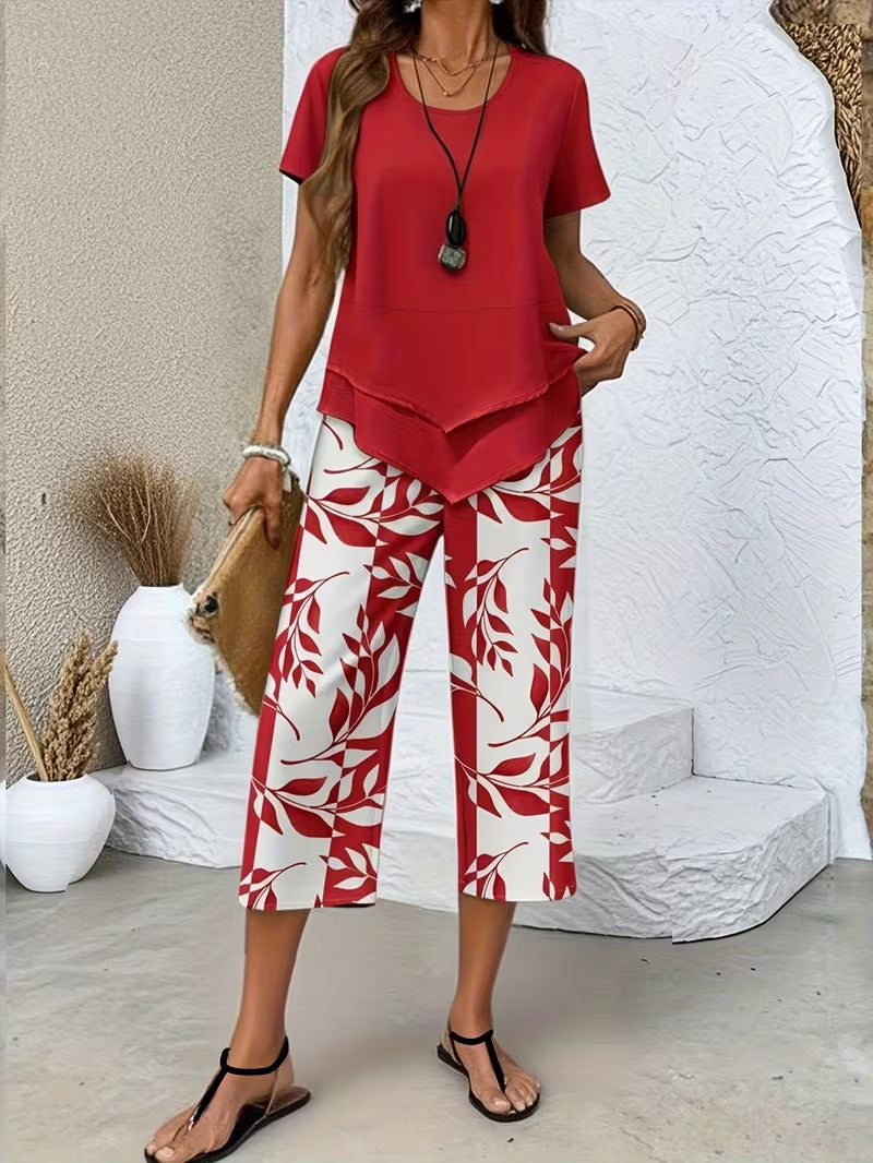 Avy™ | Casual Leaf Print Zweiteiliges Set