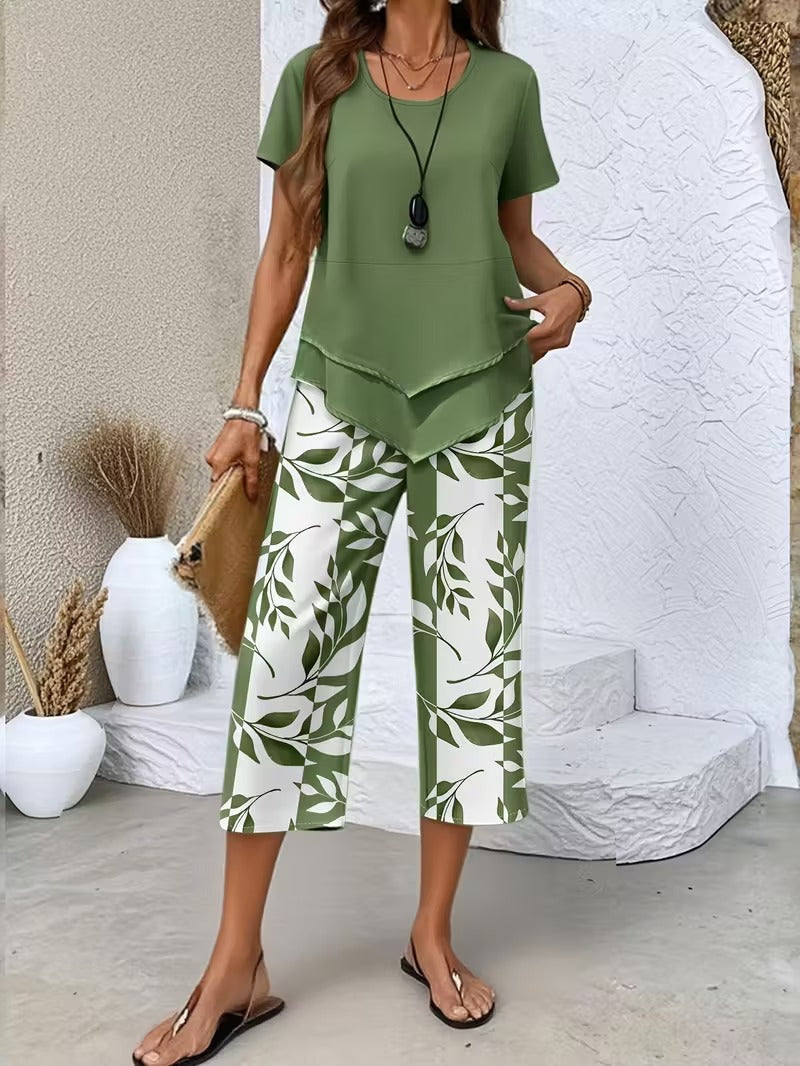 Avy™ | Casual Leaf Print Zweiteiliges Set