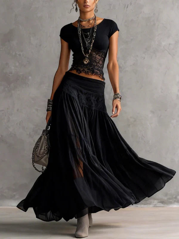Marianne - Top cinzento transparente com detalhes em renda e saia maxi plissada (conjunto)