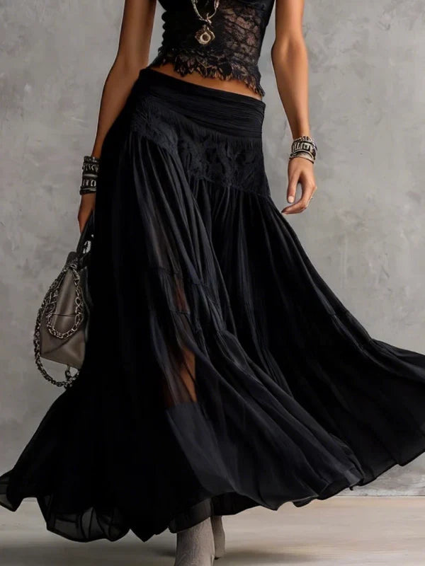 Marianne - Top cinzento transparente com detalhes em renda e saia maxi plissada (conjunto)
