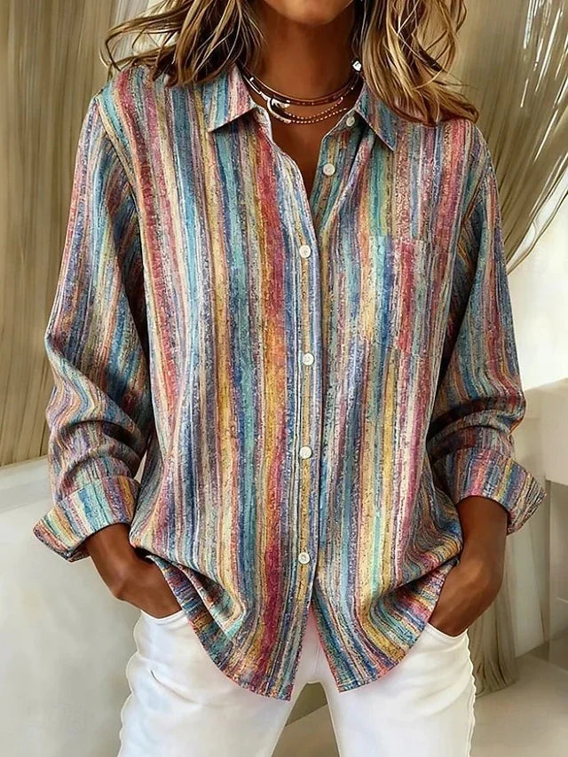 Harlowe™ | Blusa vintage com riscas coloridas e botões