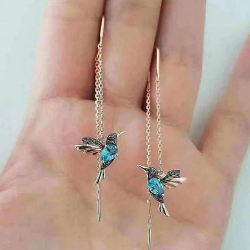 Brincos de fio com colibri em ouro e cristais