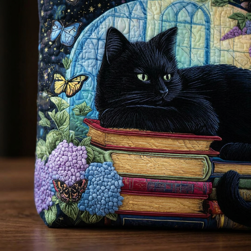 Mala artesanal com gato preto sobre livros – Ideia para presente