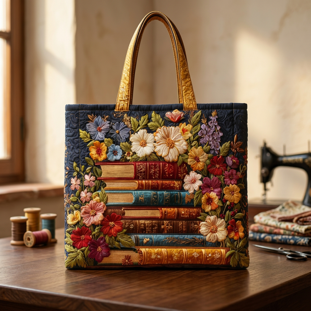 Mala acolchoada com padrão floral e livros – Para os amantes dos livros