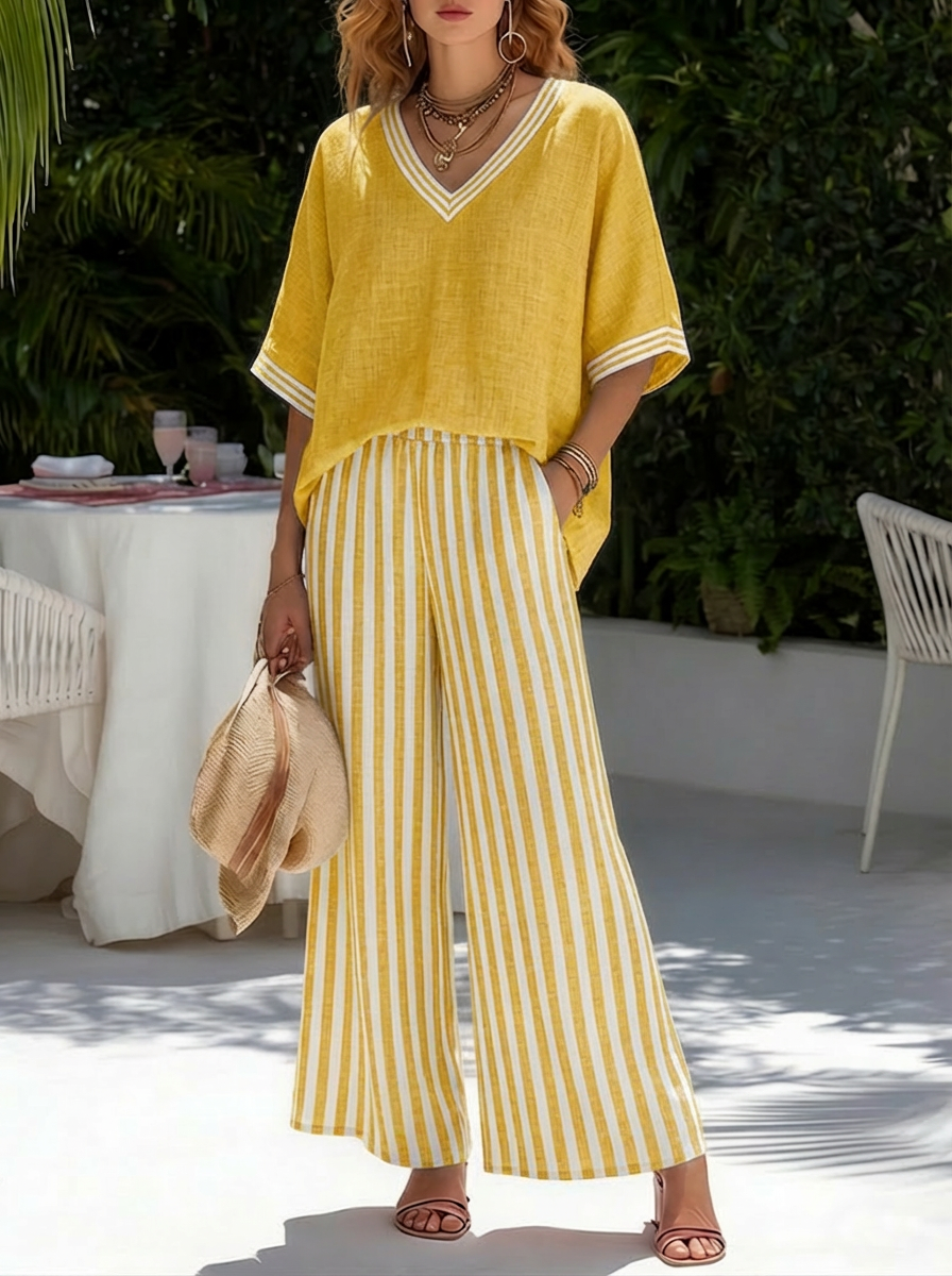 Amélia | Gestreiftes Leinen-Baumwoll-Ensemble Elegant Casual