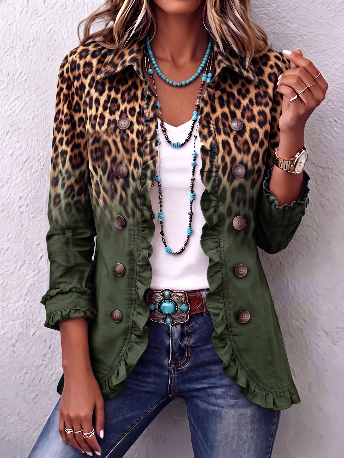 Elspeth™ | Blazer com Folhos em Degradé de Leopardo