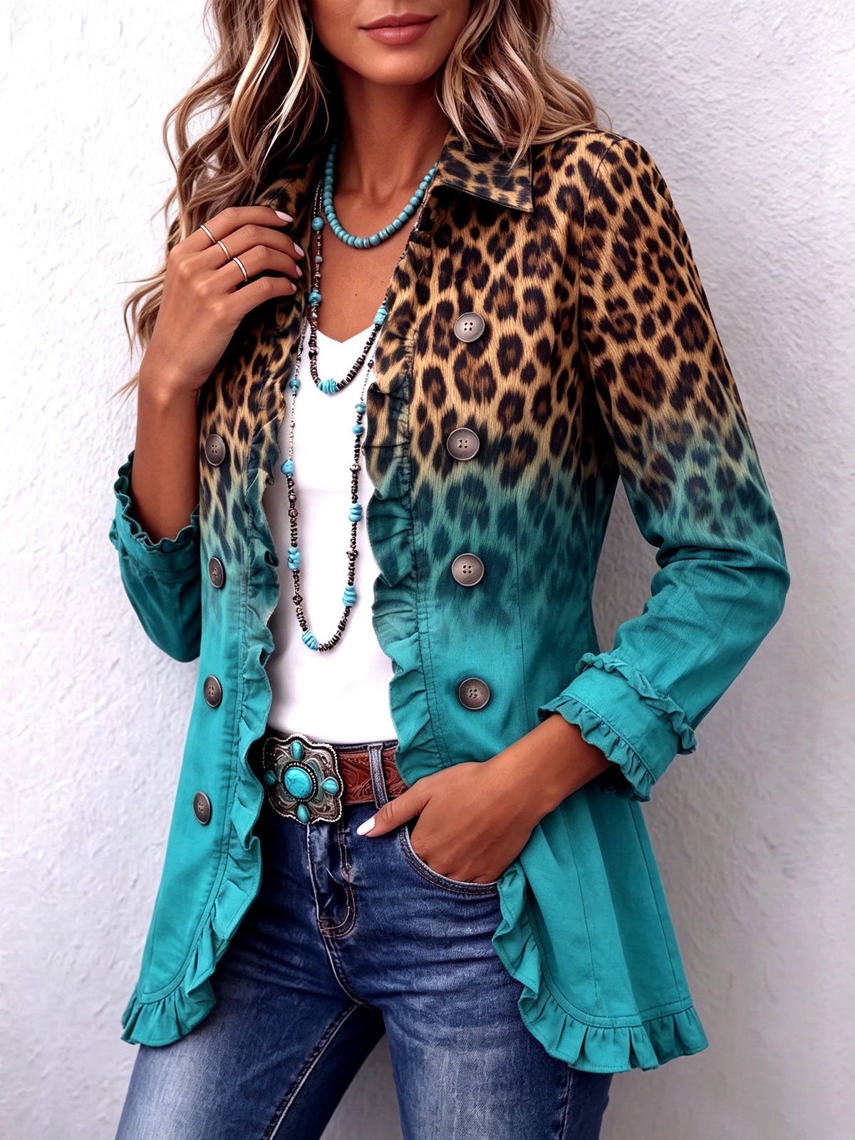 Elspeth™ | Blazer com Folhos em Degradé de Leopardo