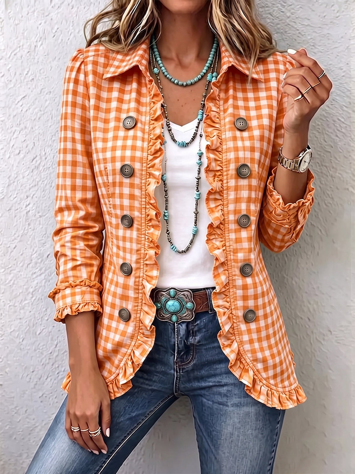 Charlene™ | Casaco Gingham com Folhos e Botões