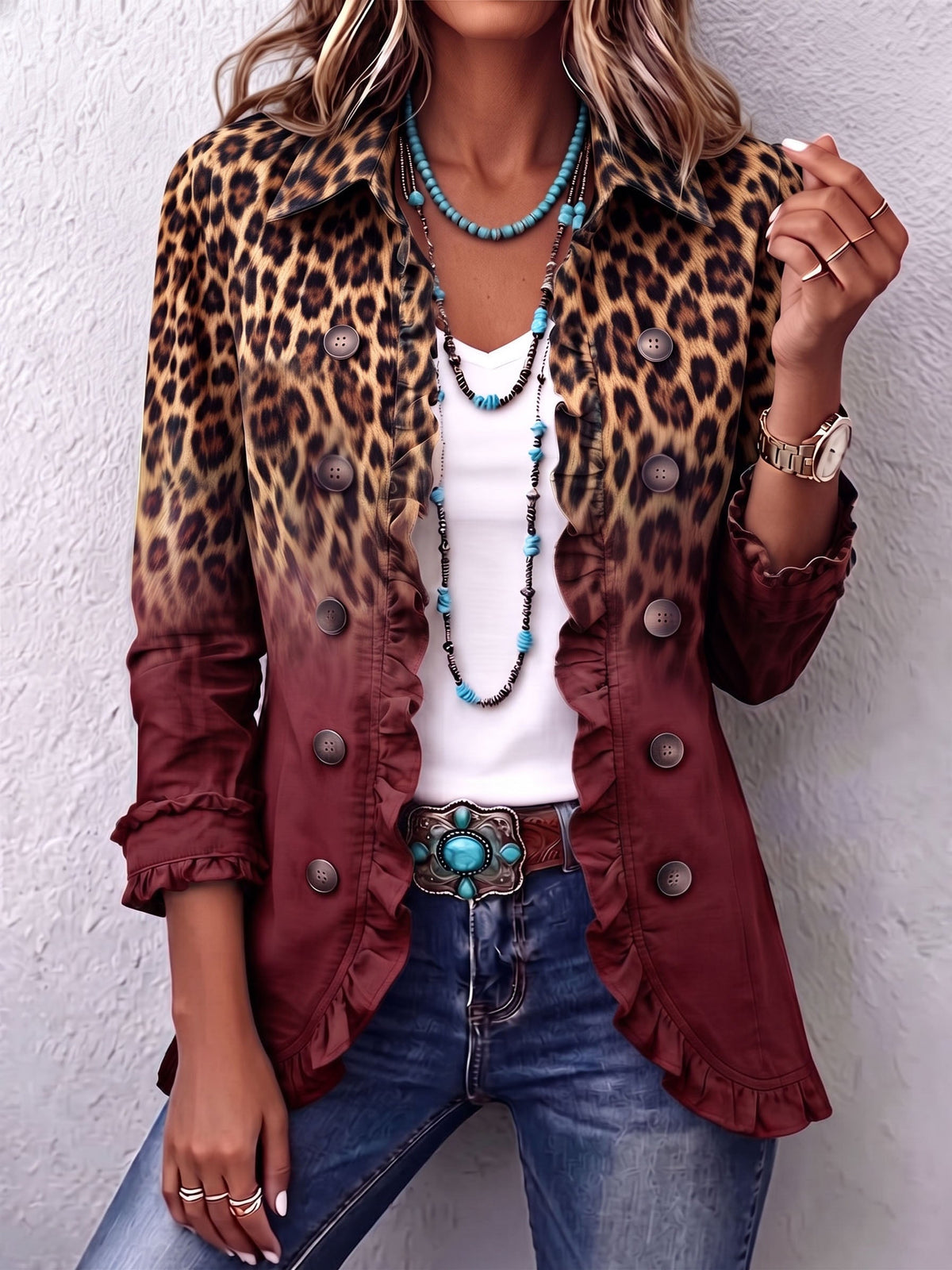 Elspeth™ | Blazer com Folhos em Degradé de Leopardo
