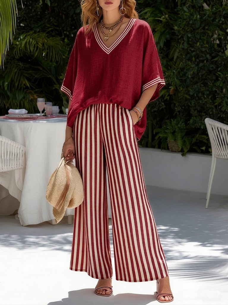 Amélia | Gestreiftes Leinen-Baumwoll-Ensemble Elegant Casual