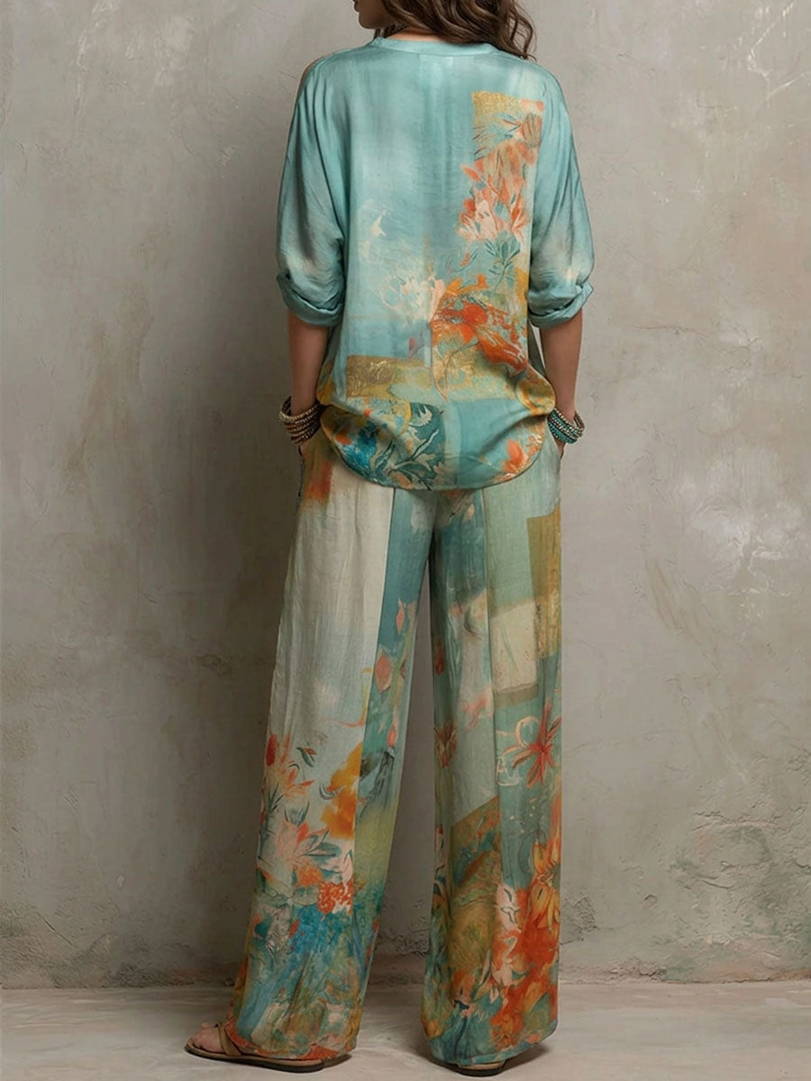 Chiara | Conjunto elegante com estampado floral e calças largas