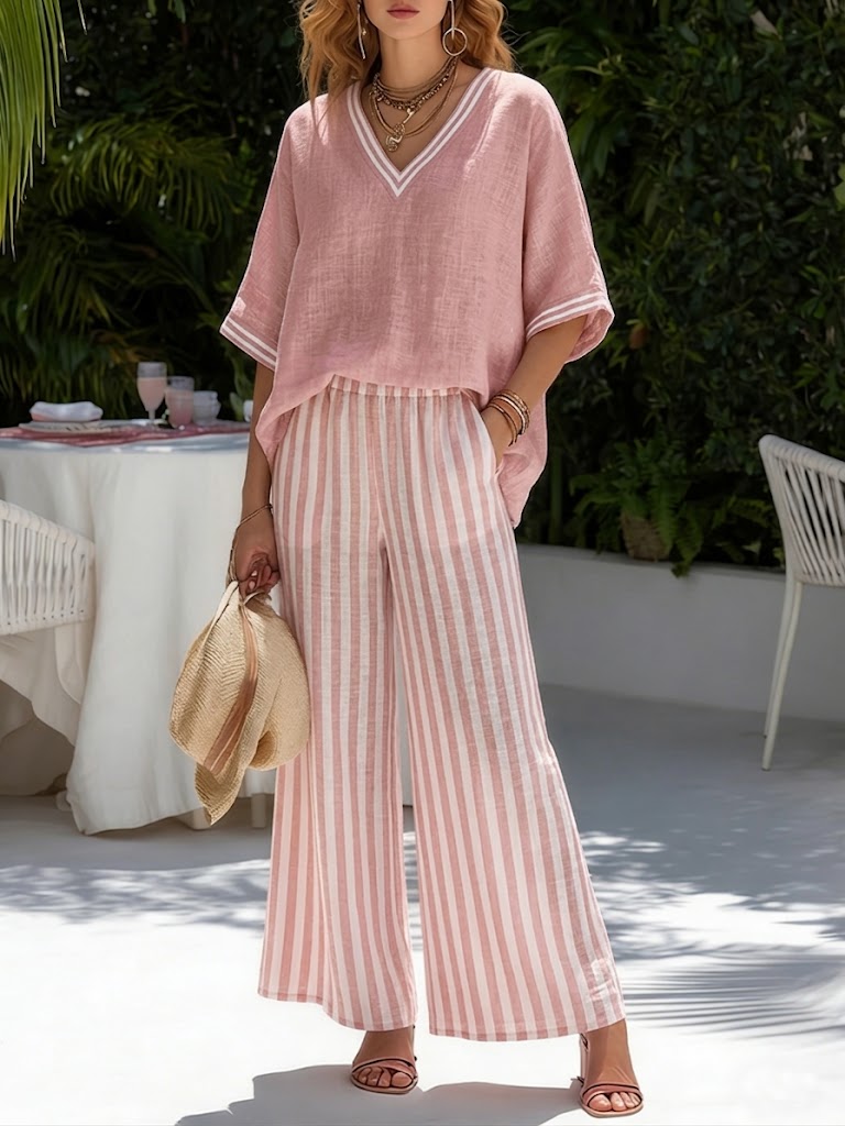 Amélia | Gestreiftes Leinen-Baumwoll-Ensemble Elegant Casual