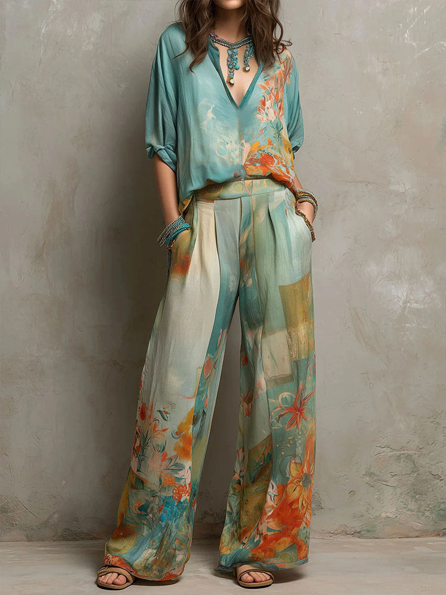 Chiara | Elegantes Set mit Blumendruck und weiter Hose