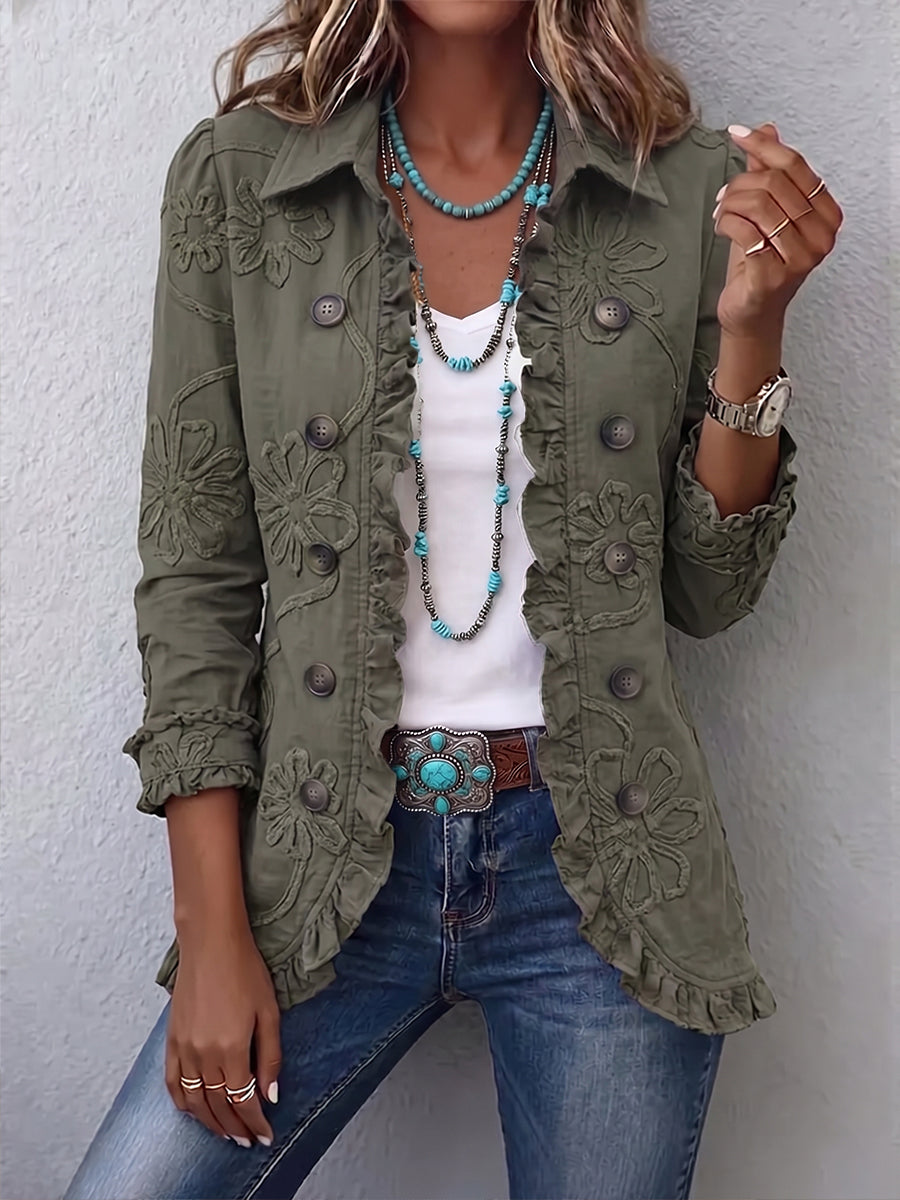 Kamberly™ | Casaco Estilo Boho-Chic com Bordado Floral, Detalhes Práticos e Folhos