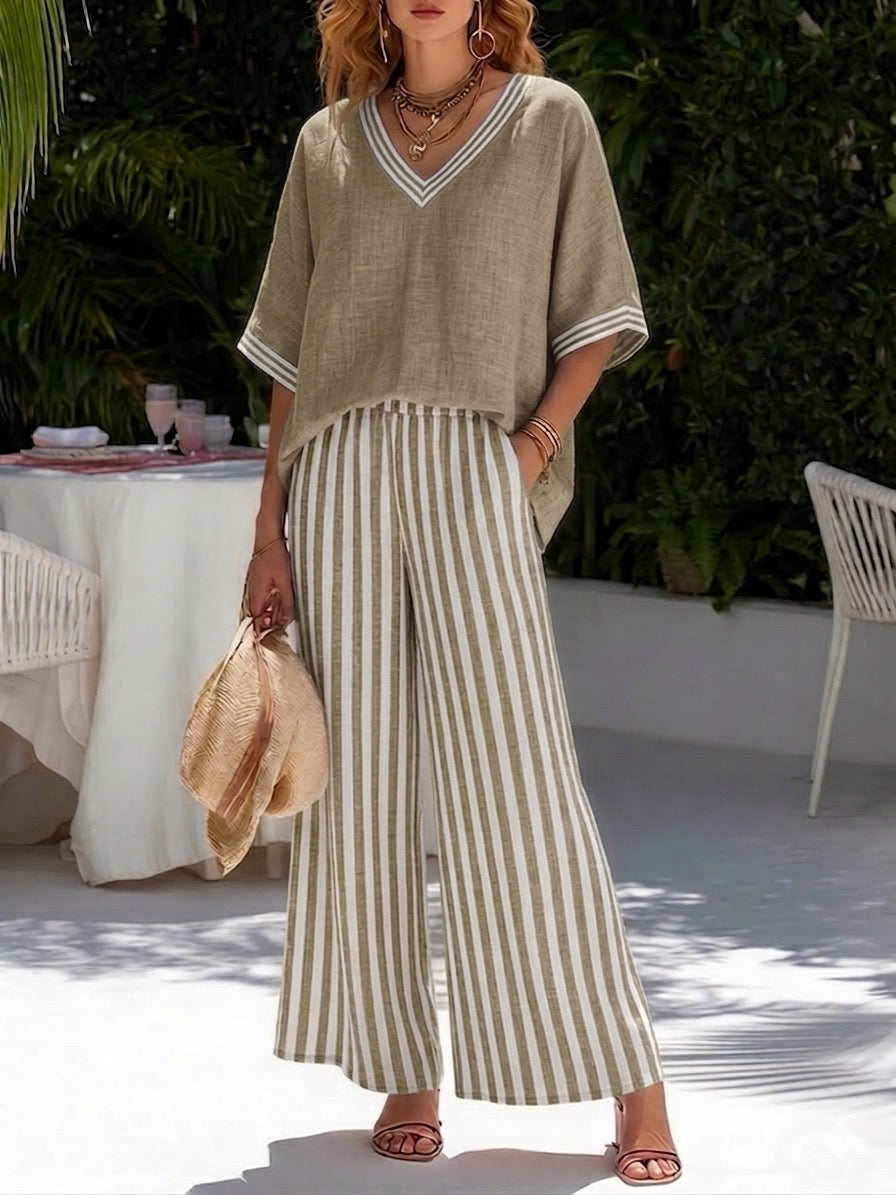 Amélia | Gestreiftes Leinen-Baumwoll-Ensemble Elegant Casual