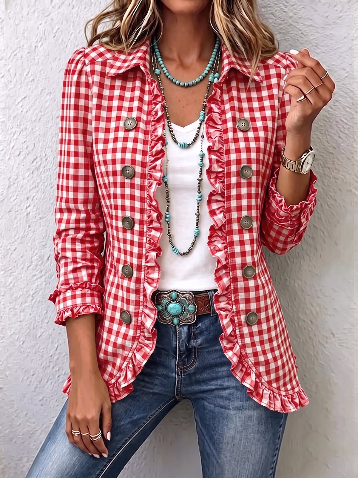 Charlene™ | Casaco Gingham com Folhos e Botões
