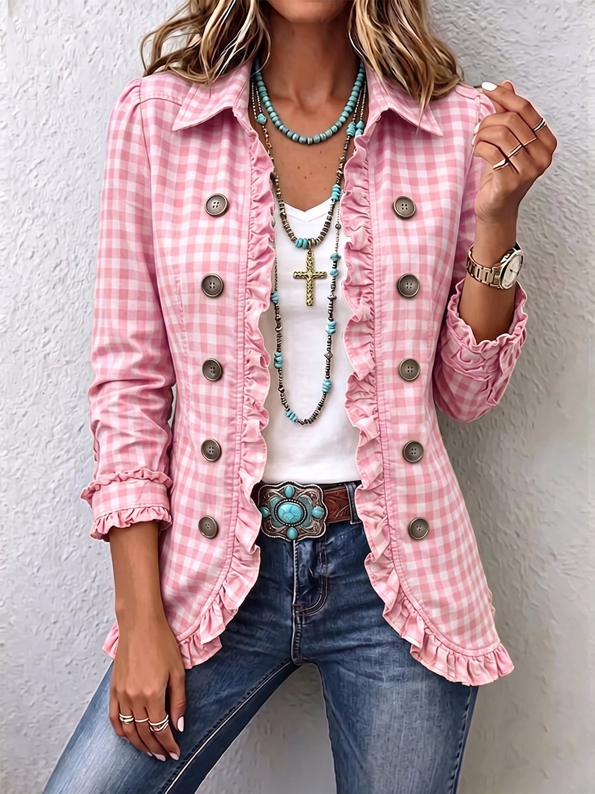 Charlene™ | Casaco Gingham com Folhos e Botões