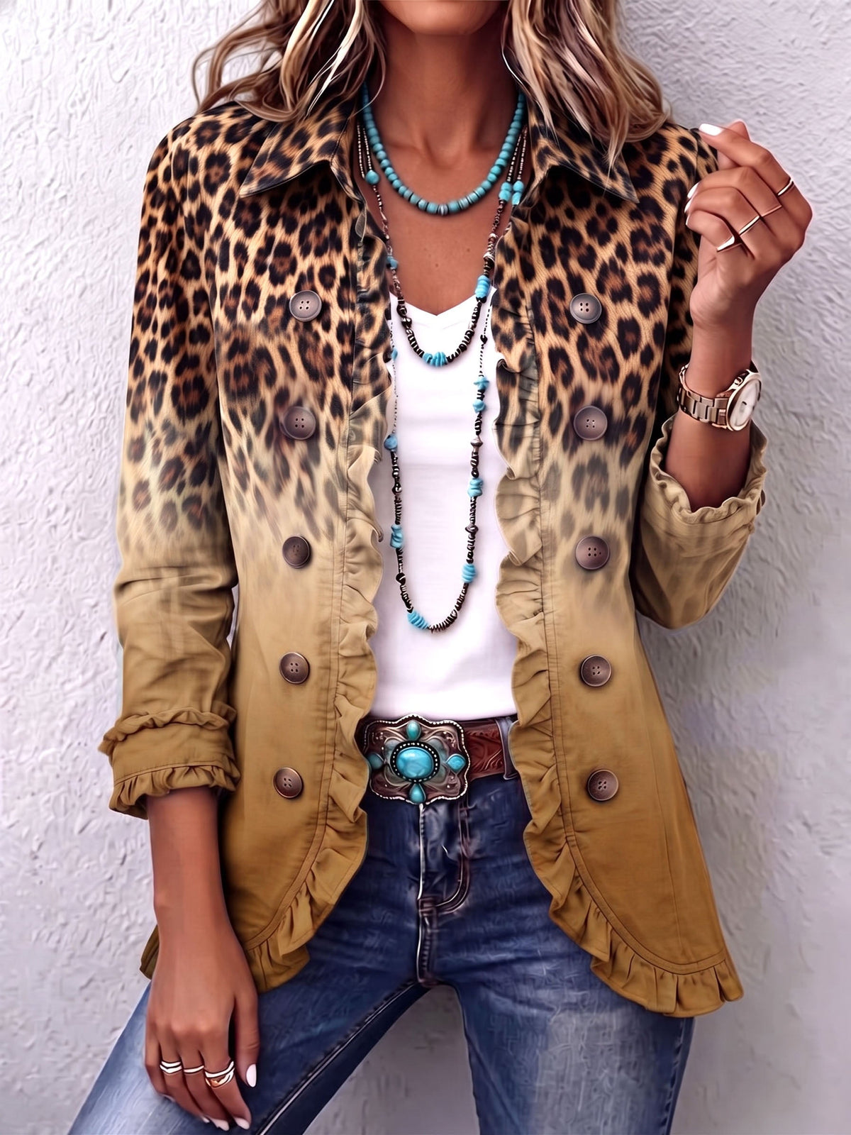 Elspeth™ | Blazer com Folhos em Degradé de Leopardo