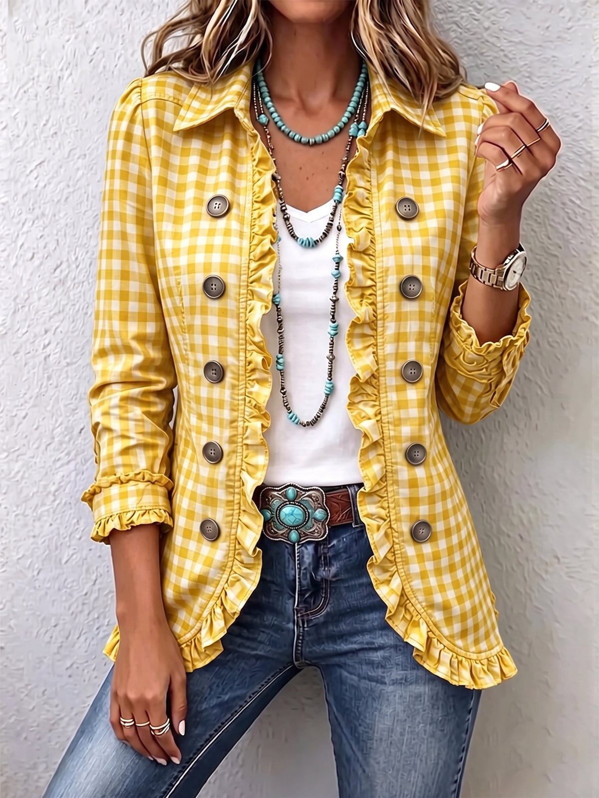 Charlene™ | Casaco Gingham com Folhos e Botões
