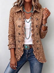 Vyclara™ | Casaco com Folhos e Padrão Floral Vintage Estilo Boho