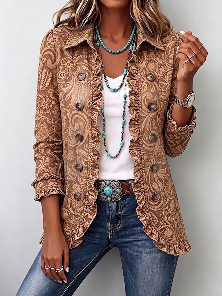 Vyclara™ | Casaco com Folhos e Padrão Floral Vintage Estilo Boho