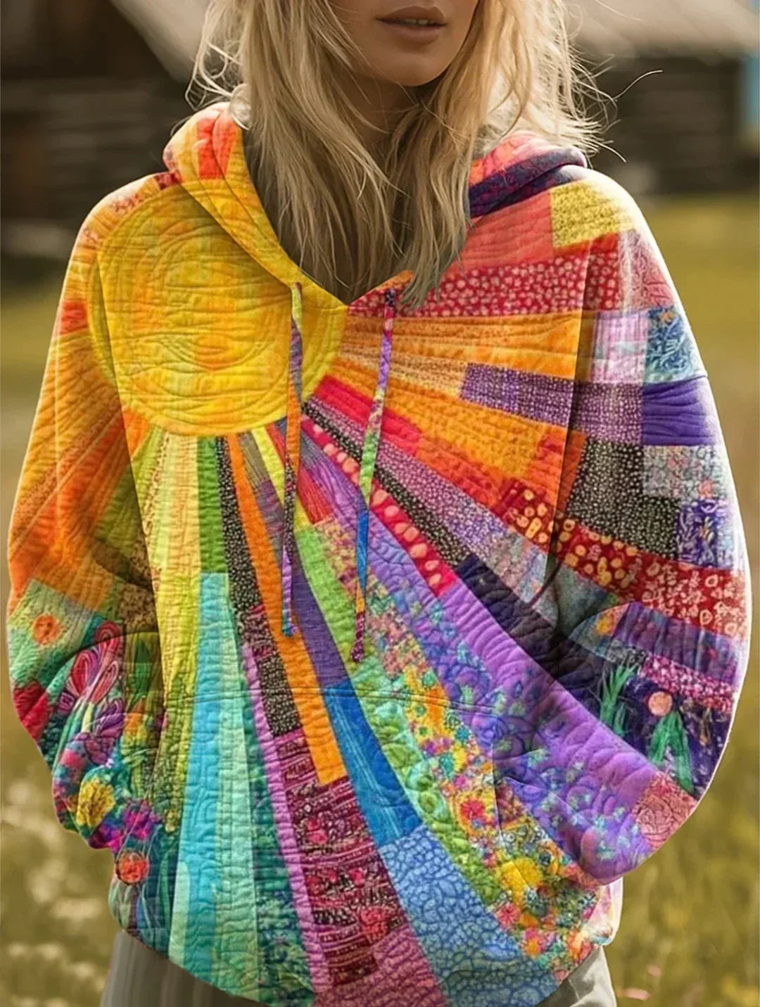 Dawnella | Sweatshirt Boémia com Capuz e Patchwork Multicolor