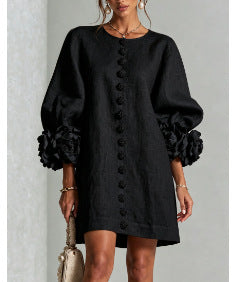 Vestido Floral com Mangas Balão e Decote Redondo