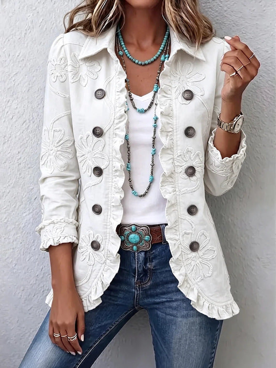 Kamberly™ | Casaco Estilo Boho-Chic com Bordado Floral, Detalhes Práticos e Folhos