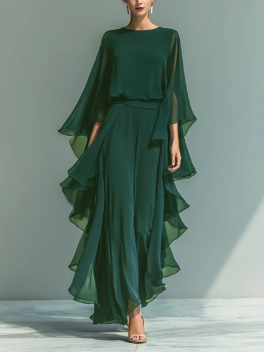 Clara - Marineblaues Chiffon-Set mit Glockenärmeln und gerade geschnittenen Hosen mit Rüschen